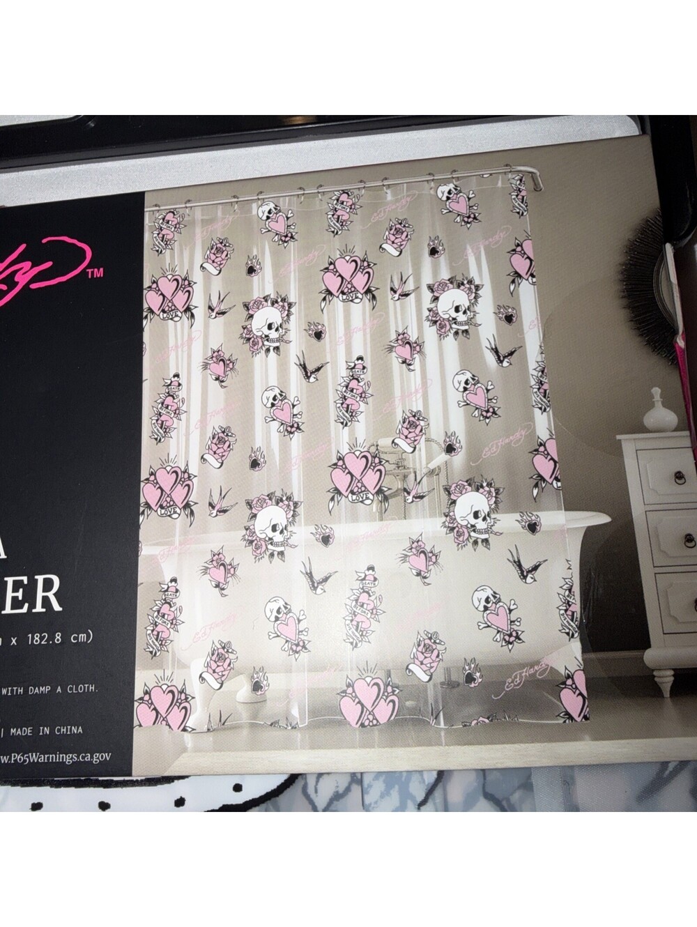 Ed Hardy Love Skull Shower Curtain Liner 72x72 Tattoo Hearts PEVA New